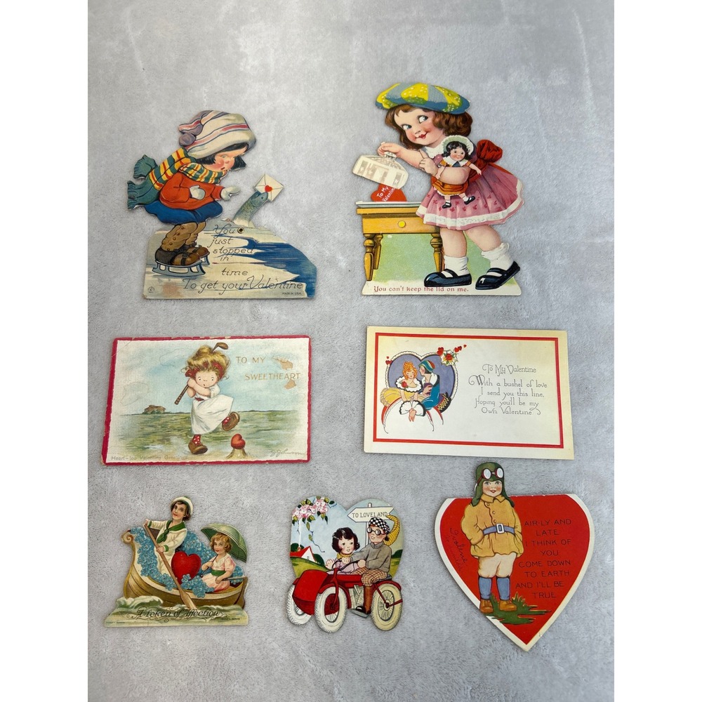 Vintage Valentine Cards Lot 7 Mechanical Die Cut Postcard Antique Moving Parts